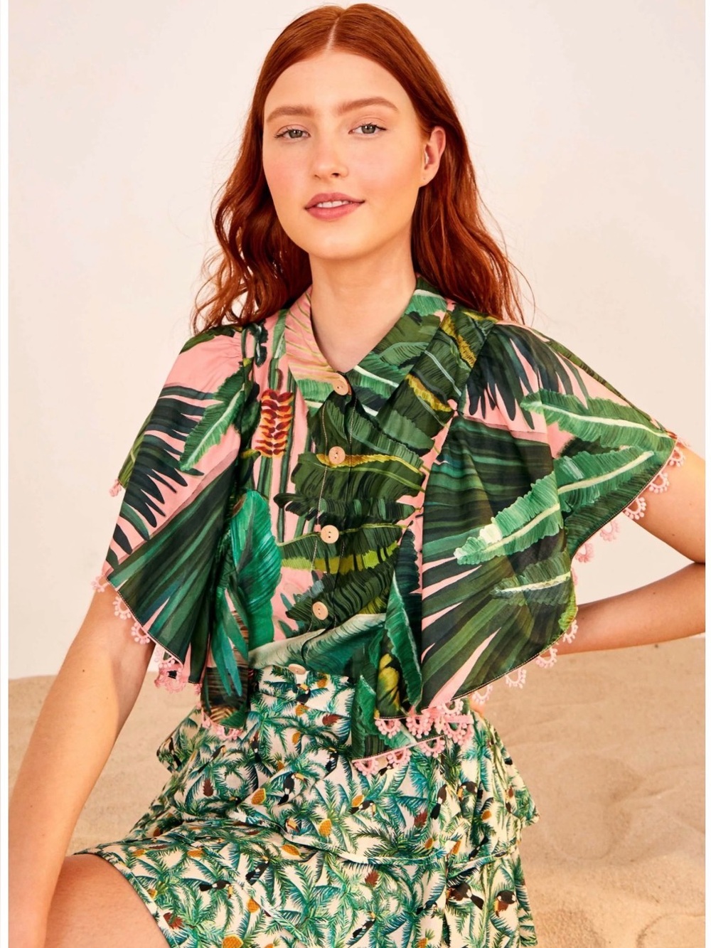 FARM RIO Pink Green Tropical Floral Ruffle Button Down Shirt Amazonia Forest Top